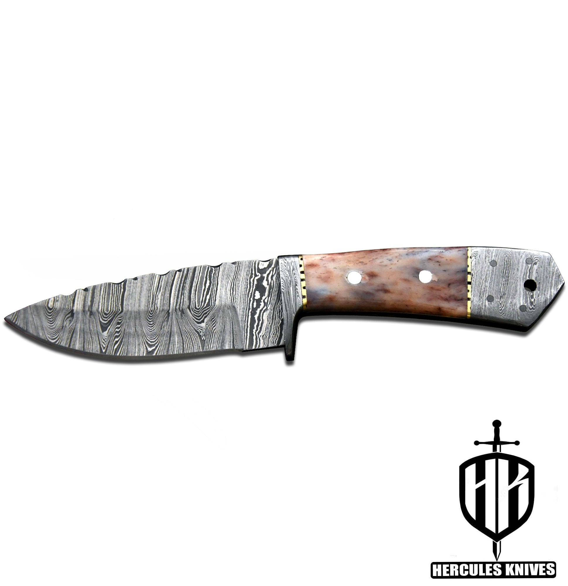 J644-Custom Hand Forged Damascus Steel Fixed Blade Camping Knife with Camel Bone Handle | Handmade | Leather Sheath