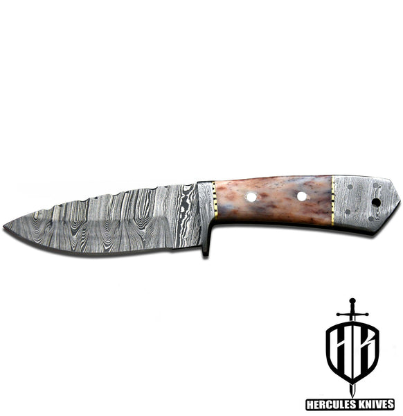 J644-Custom Hand Forged Damascus Steel Fixed Blade Camping Knife with Camel Bone Handle | Handmade | Leather Sheath