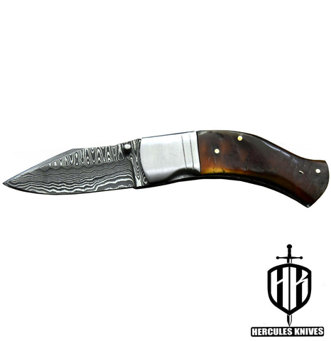 C388-EDC Pocket Folding Knife, Made of Custom Hand Forged Damascus Steel With Rams Horn Handle and Leather Sheath.