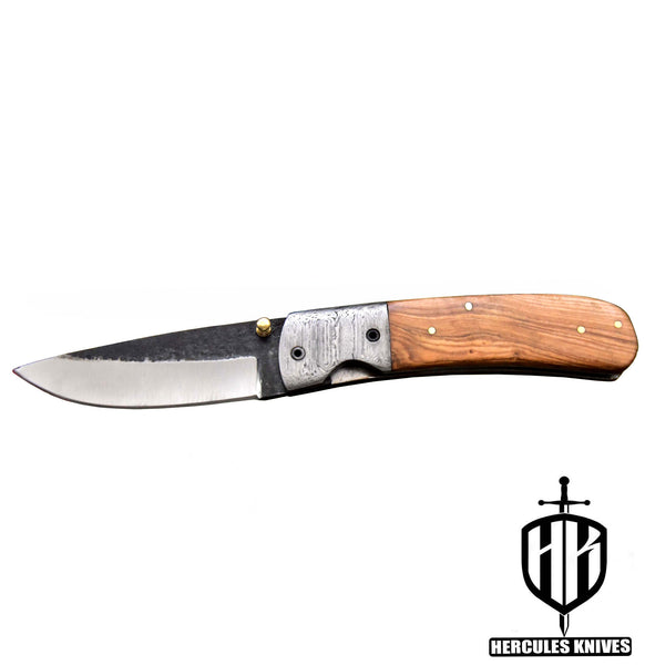 C587-EDC Pocket Folding Knife Custom Hand Forged Hammered Spring Steel 5160 With Olive Handle and Leather Sheath