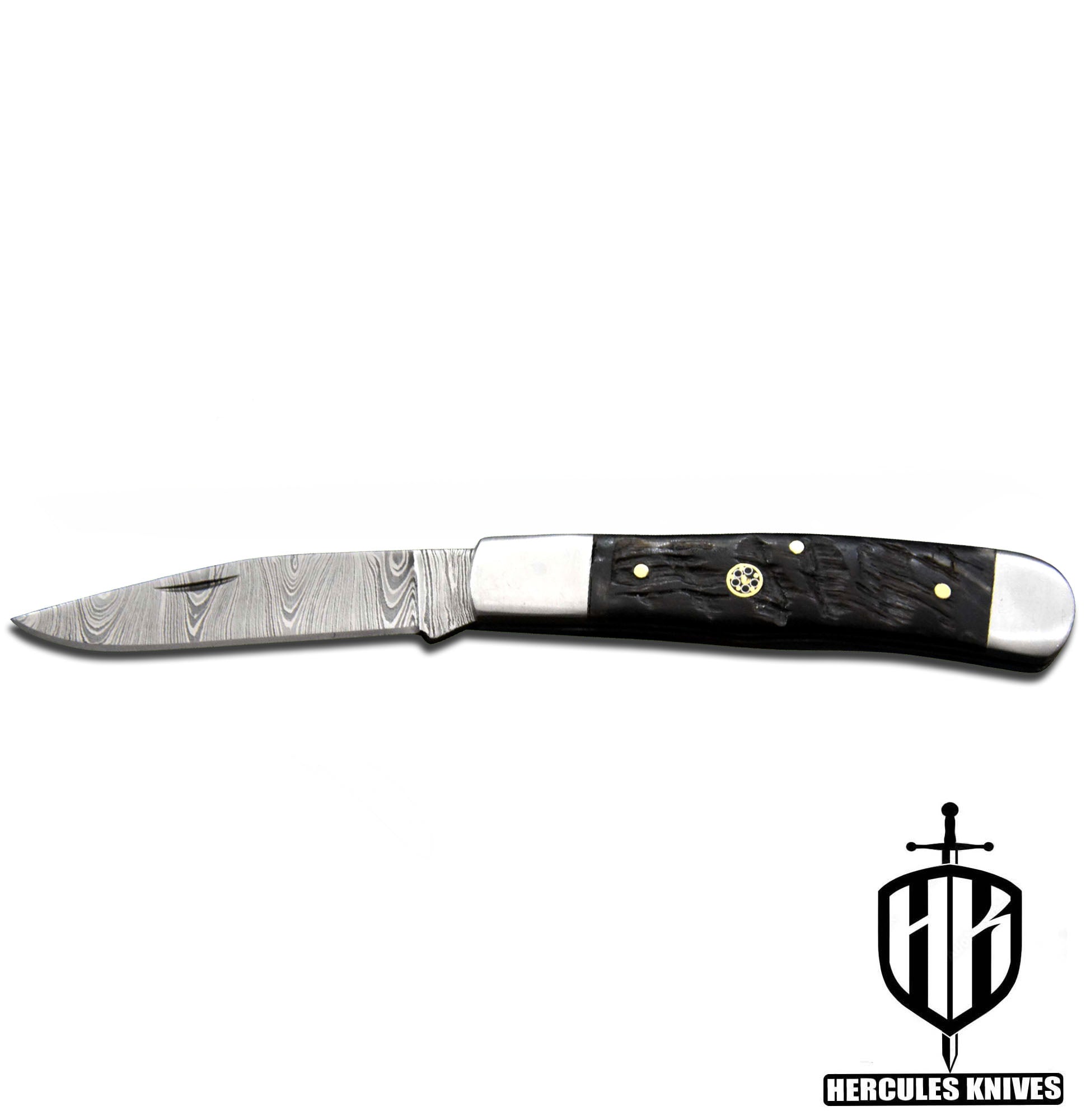 C640-EDC Pocket Folding Knife, Made of Custom Hand Forged Damascus Steel With Rams Horn Handle and Leather Sheath