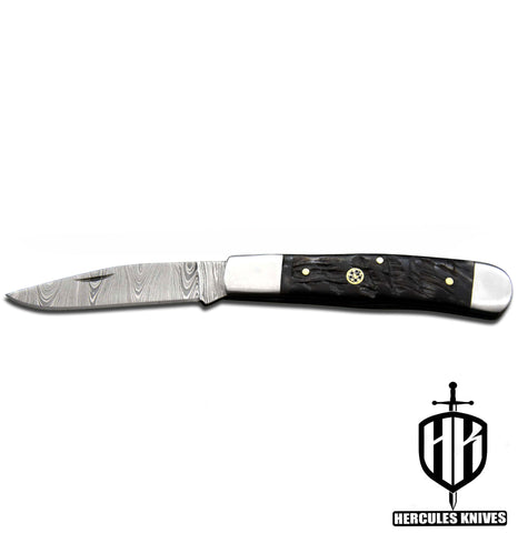 C640-EDC Pocket Folding Knife, Made of Custom Hand Forged Damascus Steel With Rams Horn Handle and Leather Sheath
