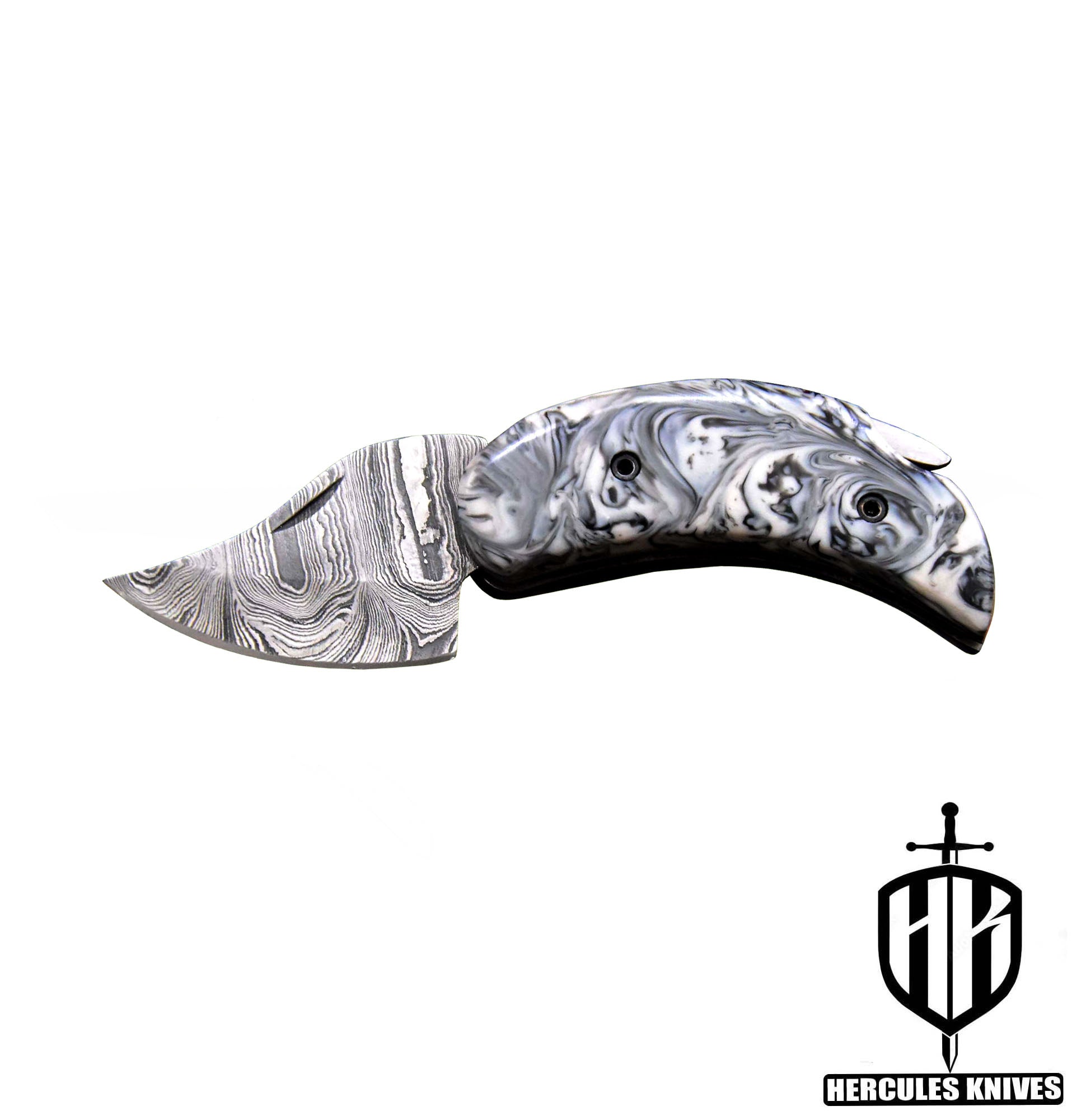 C604-EDC Pocket Folding Knife, made of Custom Hand Forged Damascus Steel with Resin Handle and Leather Sheath