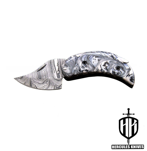 C604-EDC Pocket Folding Knife, made of Custom Hand Forged Damascus Steel with Resin Handle and Leather Sheath