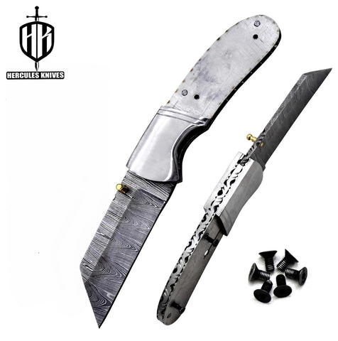 FL855-Custom Hand Forged Damascus Steel Pocket Folding Blank Knife Camping EDC Knife With Steel Bolster