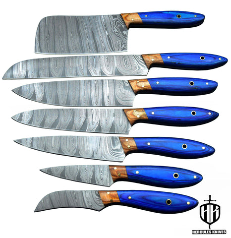 Q825-Q831-Custom Hand Forged Damascus Steel Chef Set Of 7Pcs Knife With Wooden Handle Handmade