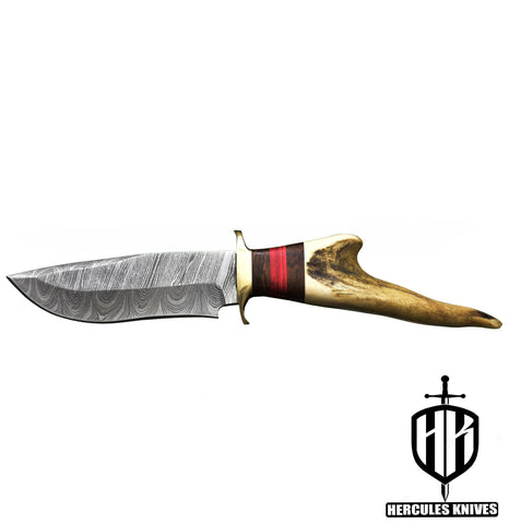 J958-Custom Hand Forged Damascus Steel Camping Knife with Stag Horn Handle | Handmade | Leather Sheath