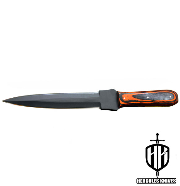 J91-Custom Hand Forged Spring Steel 5160 Black Coated Camping Survival Dagger Knife with Wooden Handle | Handmade | Leather Sheath