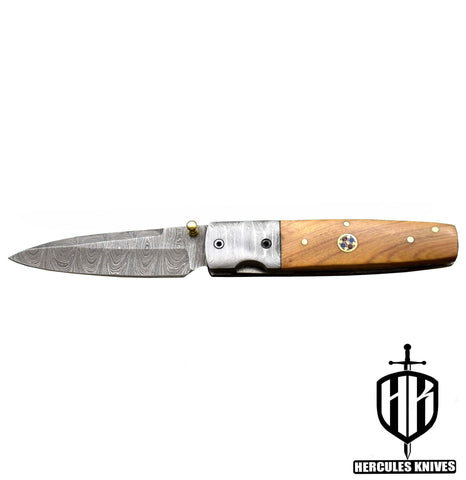 C693-EDC Pocket Folding Knife, Made of Custom Hand Forged Damascus Steel With Olive Handle and Leather Sheath