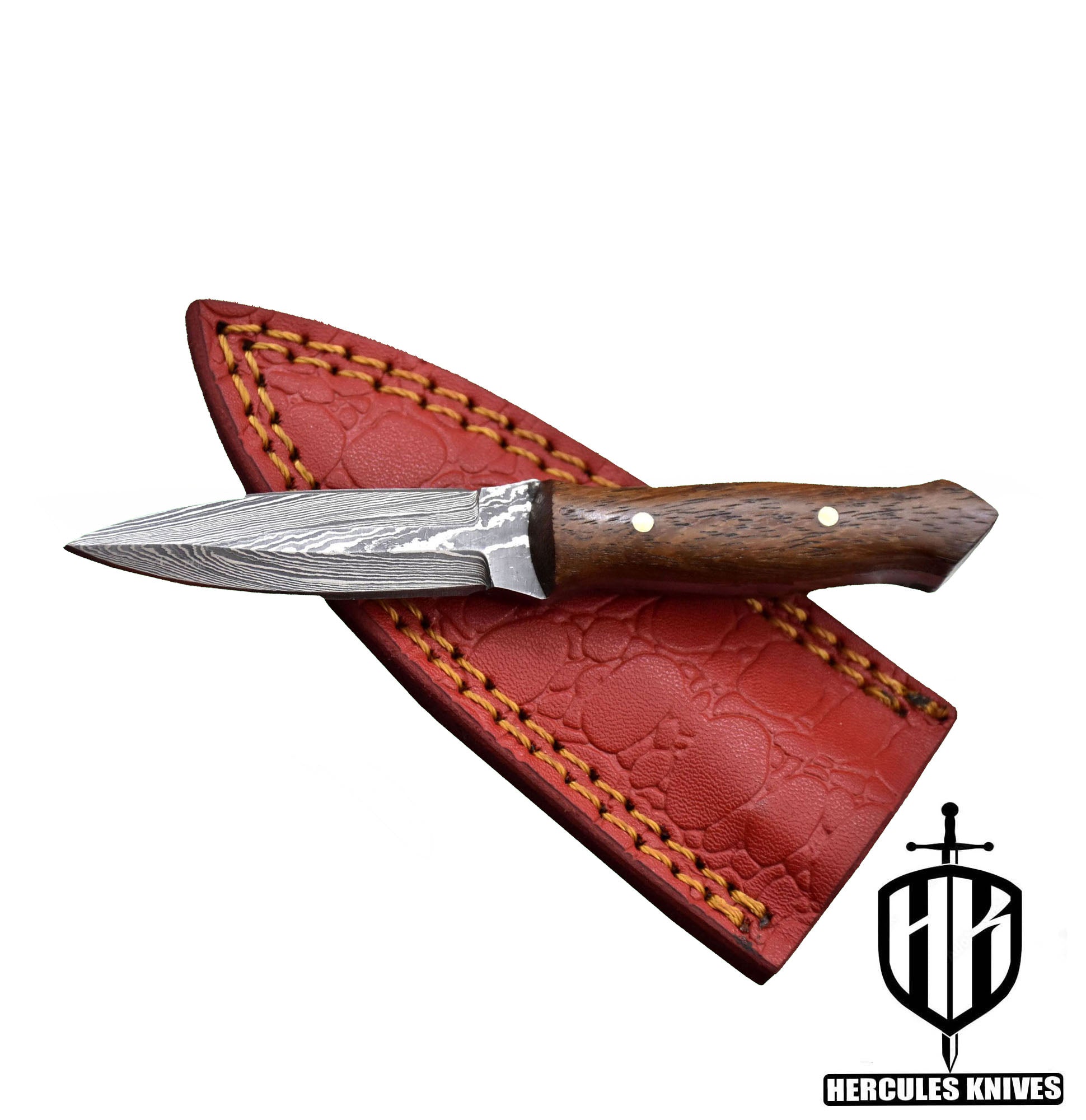 A456-Custom Damascus Steel Skinner Dagger Hunting Knife with Walnut Handle | Handmade | Leather Sheath
