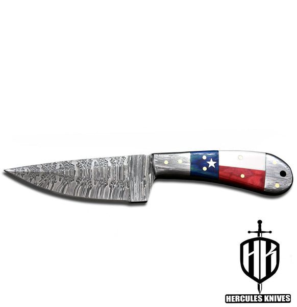 J597-Custom Hand Forged Damascus Steel Camping Survival Knife with Texas Handle | Handmade | Leather Sheath