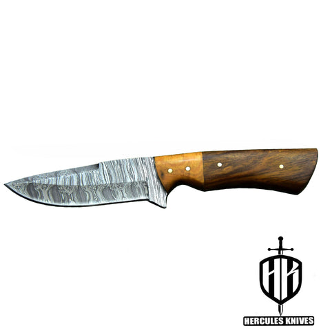 Q910-Custom Hand Forged Damascus Steel Camping Survival Hunting Knife with Walnut & Olive Handle | Handmade | Leather Sheath