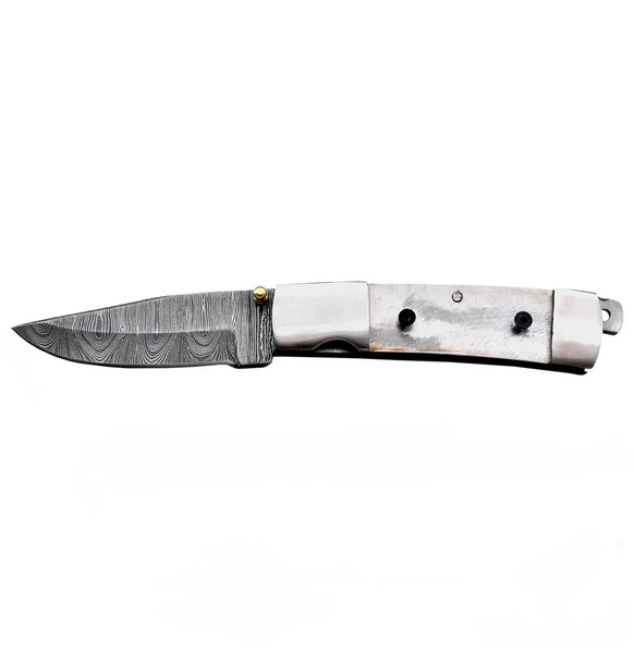 AZ4-Custom Hand Forged Damascus Steel Pocket Folding Blank Knife Camping EDC Knife With Steel Bolster
