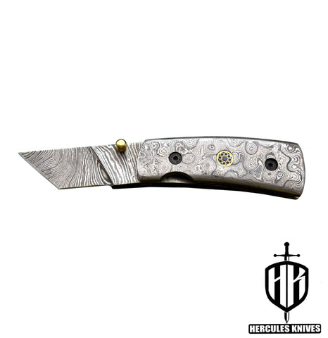 C690-EDC Pocket Tanto Folding Knife, Made of Custom Hand Forged Damascus Steel With Damascus Handle and Leather Sheath