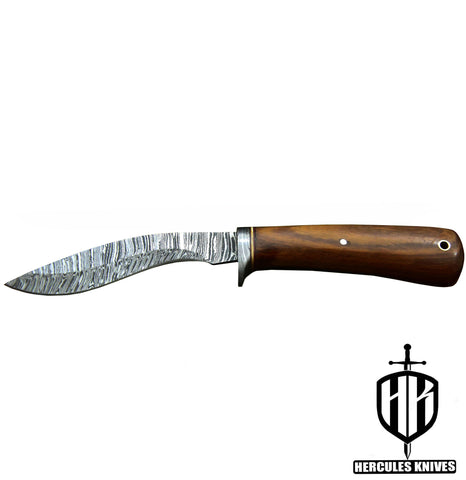 Q721-Custom Hand Forged Damascus Steel Kukri Camping Survival Hunting Knife with Walnut Handle | Handmade | Leather Sheath
