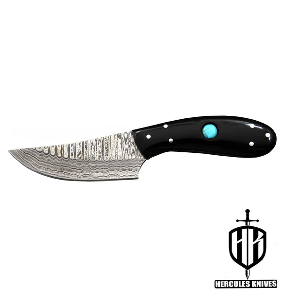 J719-Custom Hand Forged Damascus Steel Camping Knife with Horn Handle | Handmade | Leather Sheath