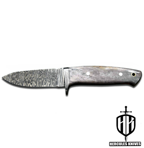 J704-Custom Hand Forged Damascus Steel Fixed Blade Camping Knife with Camel Bone Handle | Handmade | Leather Sheath