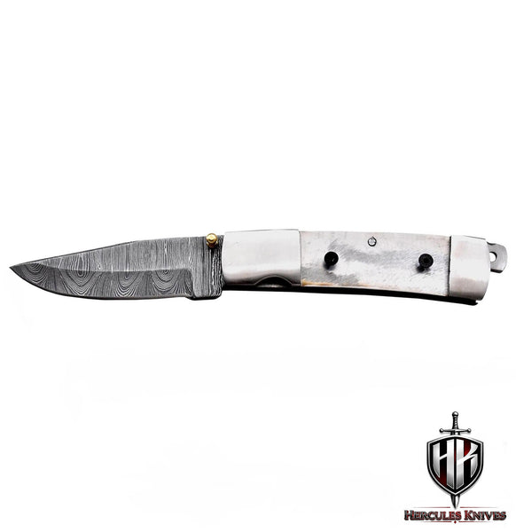 AZ4-Custom Hand Forged Damascus Steel Pocket Folding Blank Knife Camping EDC Knife With Steel Bolster