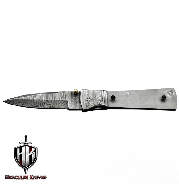 AZ2-Custom Hand Forged Damascus Steel Pocket Folding Blank Knife Camping EDC Knife With Damascus Bolster