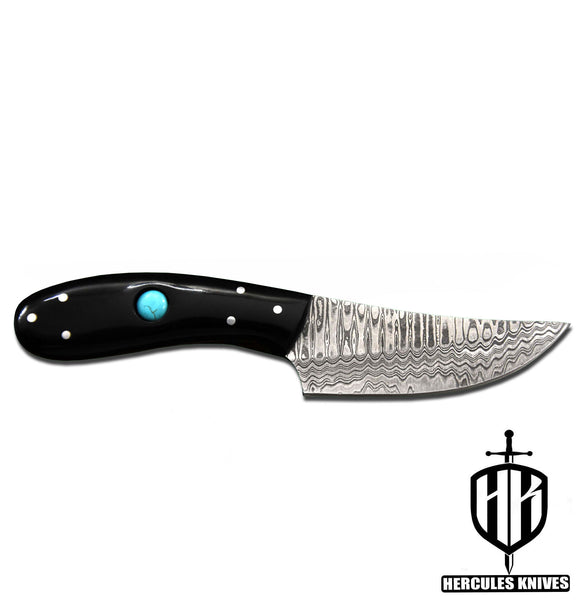 J719-Custom Hand Forged Damascus Steel Camping Knife with Horn Handle | Handmade | Leather Sheath