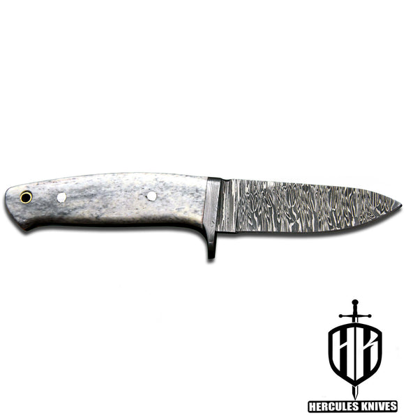 J704-Custom Hand Forged Damascus Steel Fixed Blade Camping Knife with Camel Bone Handle | Handmade | Leather Sheath