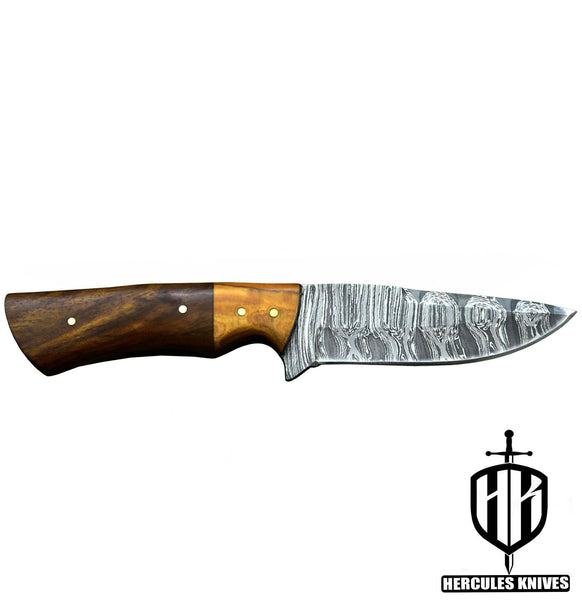 Q910-Custom Hand Forged Damascus Steel Camping Survival Hunting Knife with Walnut & Olive Handle | Handmade | Leather Sheath