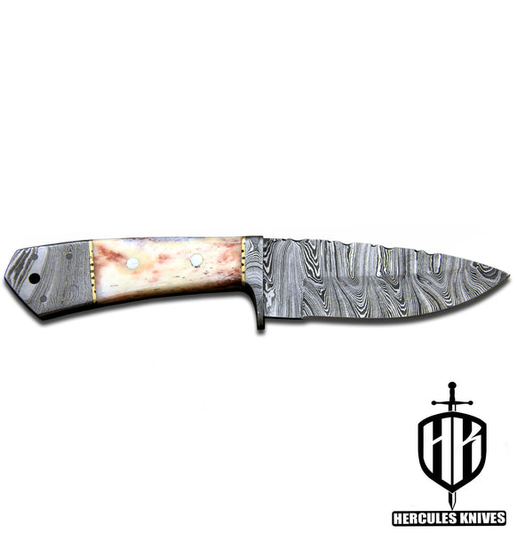 J644-Custom Hand Forged Damascus Steel Fixed Blade Camping Knife with Camel Bone Handle | Handmade | Leather Sheath