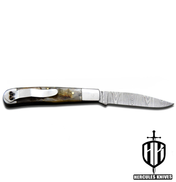 C640-EDC Pocket Folding Knife, Made of Custom Hand Forged Damascus Steel With Rams Horn Handle and Leather Sheath
