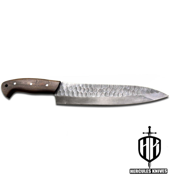 J925-Hammered Spring Steel 5160 Chef Knife Handmade Walnut Handle, No Damascus