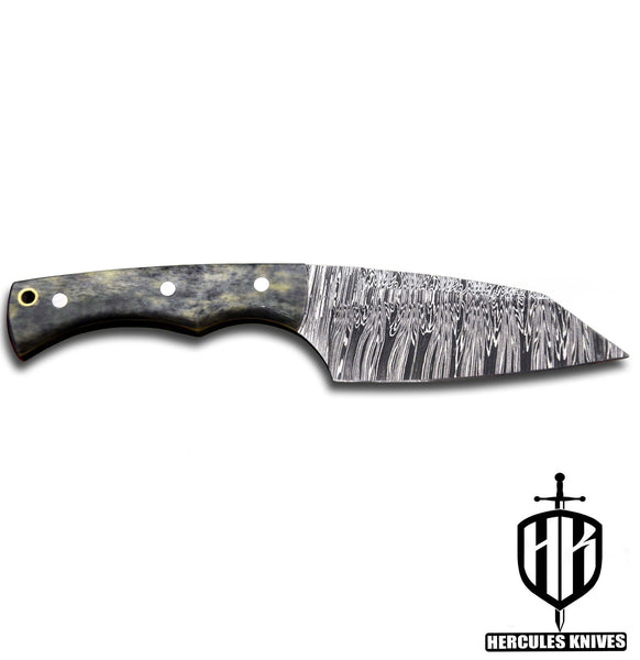 J700-Custom Hand Forged Damascus Steel Fixed Blade Camping Knife With Camel Bone Handle | Handmade | Leather Sheath