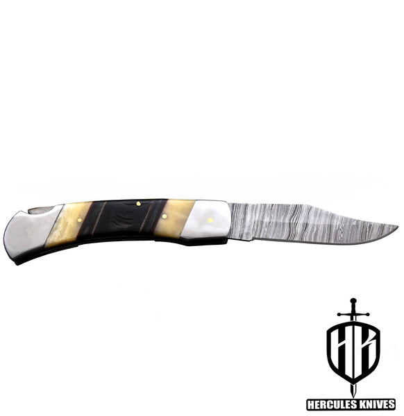 C628-EDC Pocket Folding Knife, Made of Custom Hand Forged Damascus Steel With Camel Bone & Rams Horn Handle and Leather Sheath