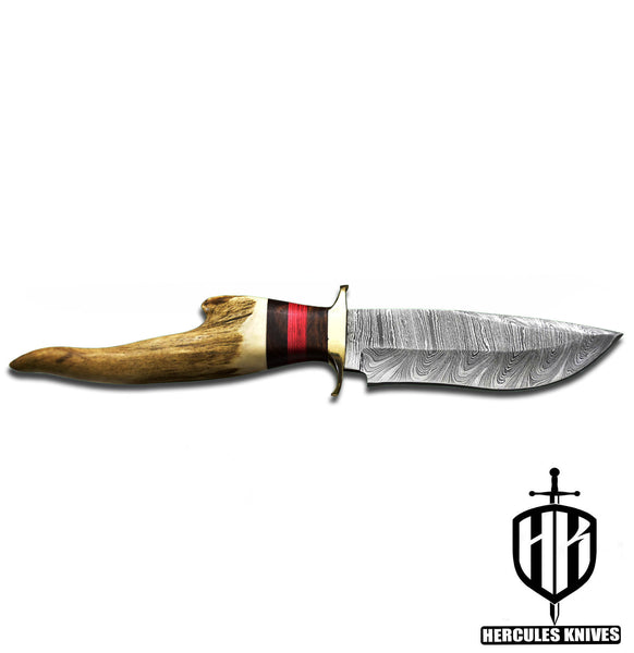 J958-Custom Hand Forged Damascus Steel Camping Knife with Stag Horn Handle | Handmade | Leather Sheath