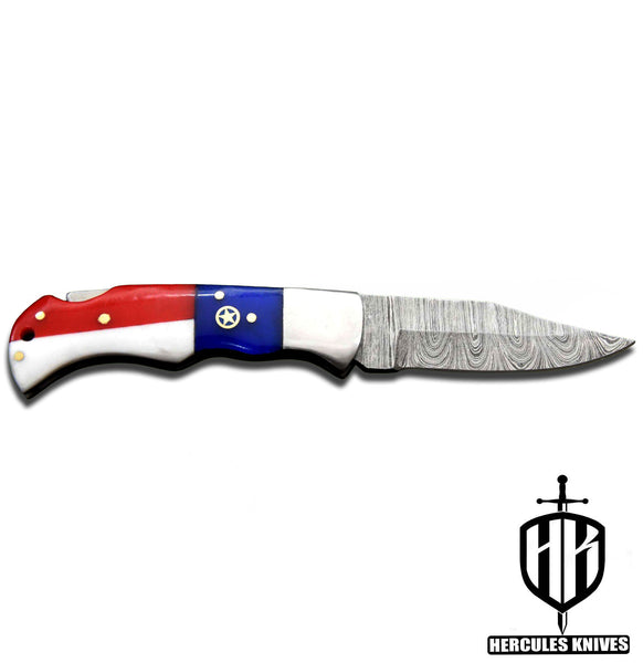 C656-EDC Pocket Folding Knife, made of Custom Hand Forged Damascus Steel with Texas Handle and Leather Sheath.