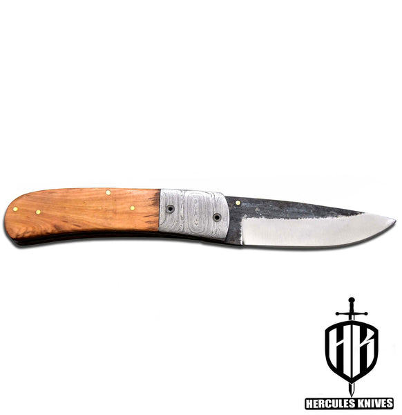 C587-EDC Pocket Folding Knife Custom Hand Forged Hammered Spring Steel 5160 With Olive Handle and Leather Sheath