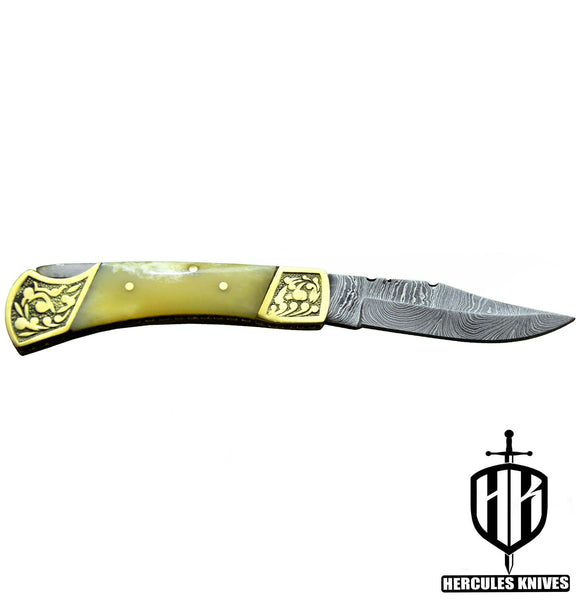 C513-EDC Pocket Folding Knife, Made of Custom Hand Forged Damascus Steel with Camel Bone Handle and Leather Sheath.