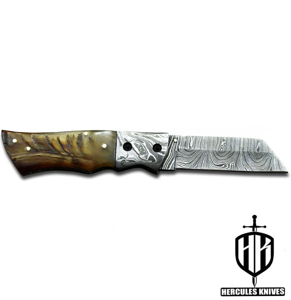 C393-EDC Pocket Folding Knife, Made of Custom Hand Forged Damascus Steel With Rams Horn Handle and Leather Sheath