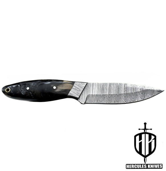 T114-Custom Hand Forged Damascus Steel Fixed Blade Camping Knife with Rams Horn Handle | Handmade | Leather Sheath