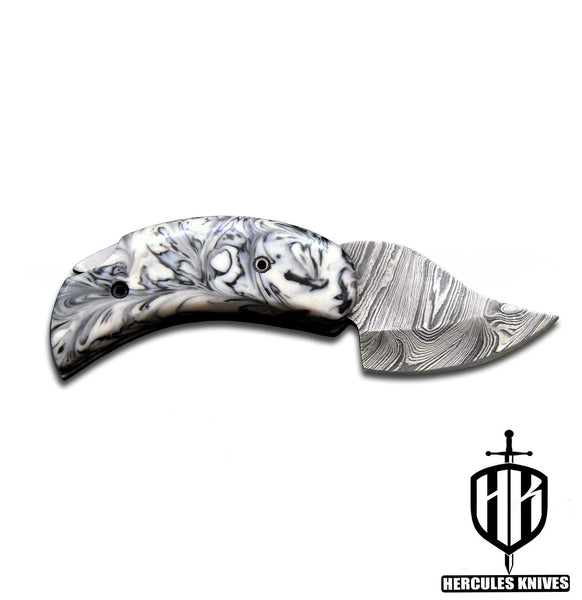 C604-EDC Pocket Folding Knife, made of Custom Hand Forged Damascus Steel with Resin Handle and Leather Sheath