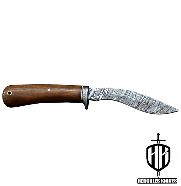 Q721-Custom Hand Forged Damascus Steel Kukri Camping Survival Hunting Knife with Walnut Handle | Handmade | Leather Sheath