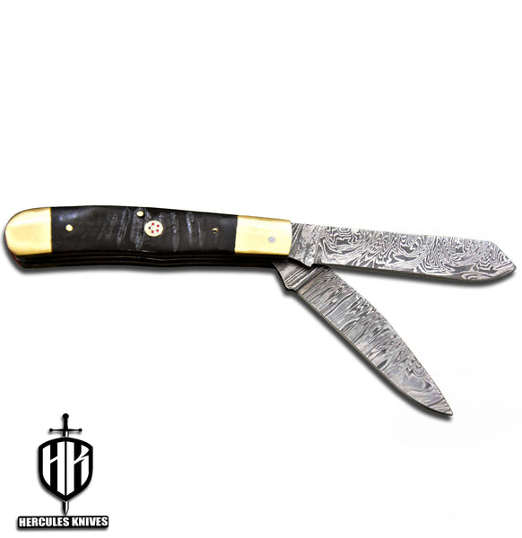 C553-EDC Pocket Folding Knife, Made of Custom Hand Forged Damascus Steel With Rams Horn Handle and Leather Sheath