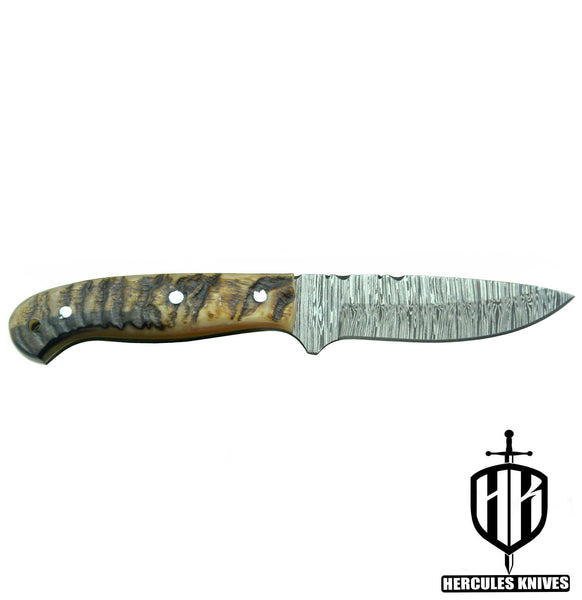 T27-Custom Hand Forged Damascus Steel Fixed Blade Camping Knife with Rams Horn Handle | Handmade | Leather Sheath
