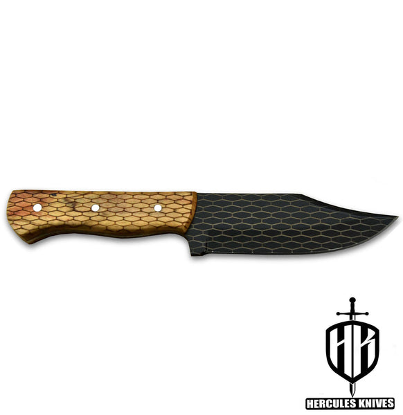 Q474-Custom 440C Steel Falcon Ridge Fixed Blade Camping Hunting Knife with Olive Handle | Handmade | Leather Sheath