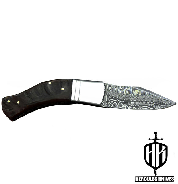 C388-EDC Pocket Folding Knife, Made of Custom Hand Forged Damascus Steel With Rams Horn Handle and Leather Sheath.