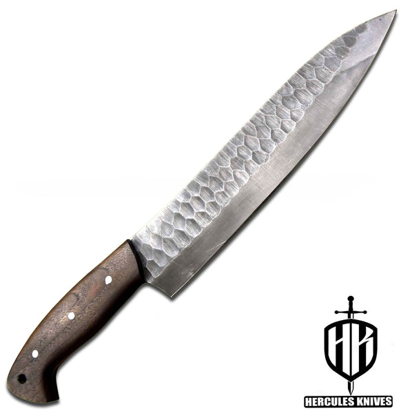 J925-Hammered Spring Steel 5160 Chef Knife Handmade Walnut Handle, No Damascus