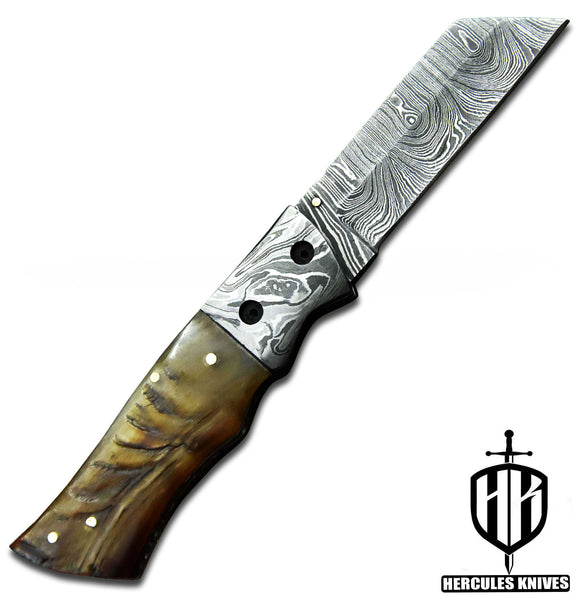 C393-EDC Pocket Folding Knife, Made of Custom Hand Forged Damascus Steel With Rams Horn Handle and Leather Sheath