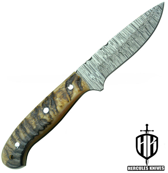 T27-Custom Hand Forged Damascus Steel Fixed Blade Camping Knife with Rams Horn Handle | Handmade | Leather Sheath