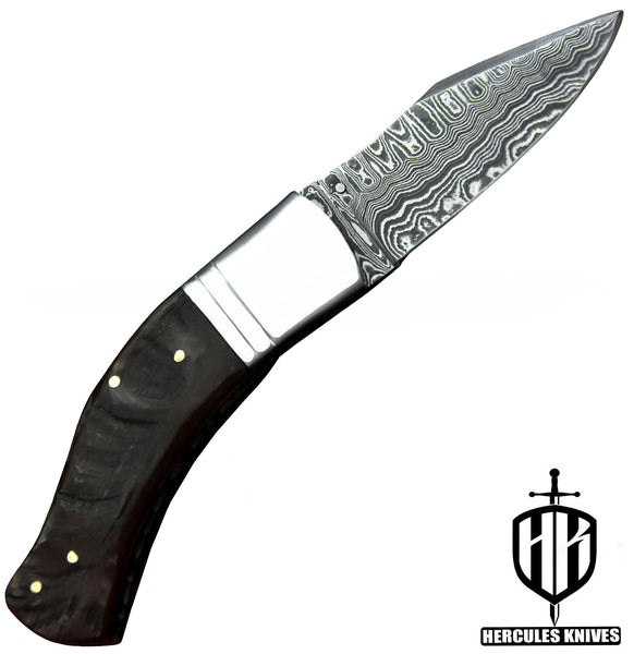 C388-EDC Pocket Folding Knife, Made of Custom Hand Forged Damascus Steel With Rams Horn Handle and Leather Sheath.
