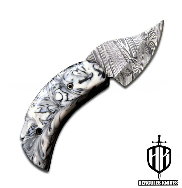 C604-EDC Pocket Folding Knife, made of Custom Hand Forged Damascus Steel with Resin Handle and Leather Sheath
