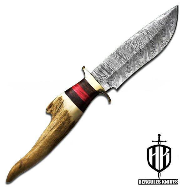 J958-Custom Hand Forged Damascus Steel Camping Knife with Stag Horn Handle | Handmade | Leather Sheath