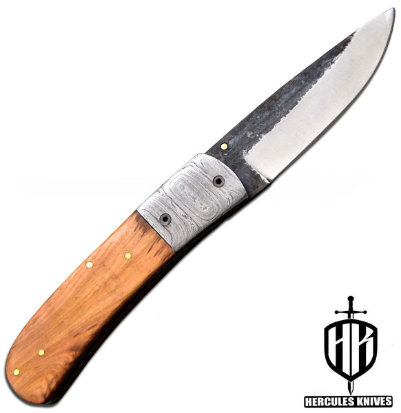 C587-EDC Pocket Folding Knife Custom Hand Forged Hammered Spring Steel 5160 With Olive Handle and Leather Sheath